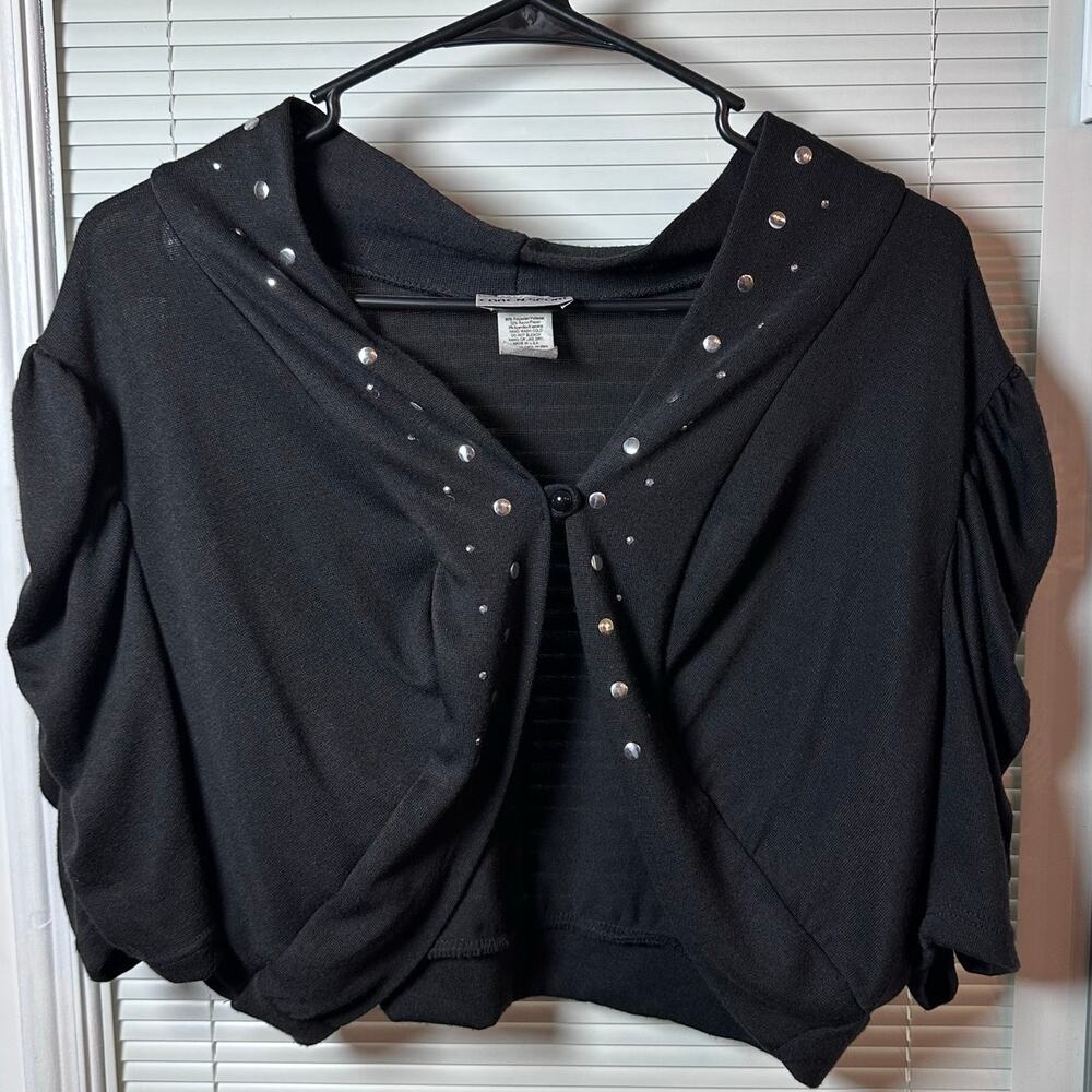 Y2K Inspired Black Cropped Bolero Shrug Women's XL Silver Accents Button Closure
